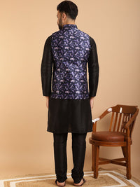 SOJANYA Men Black Solid Kurta with Churidar & Nehru Jacket