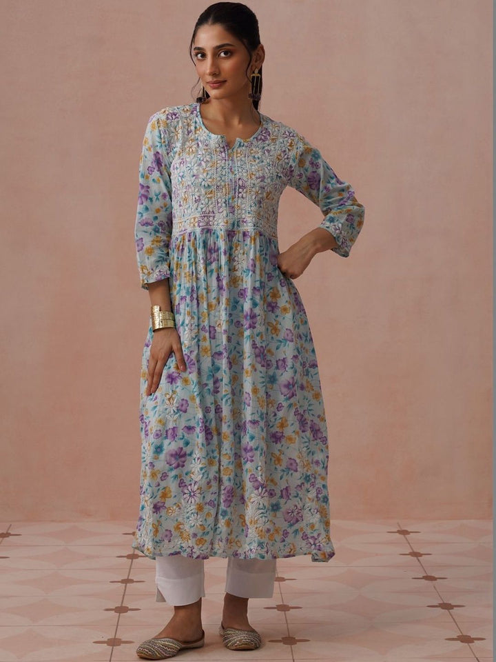 Pakaian Maxi A-Line Cetak Bunga Rumah Chikankari