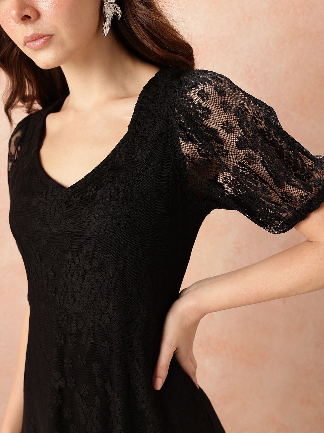 all about you V-Neck Puff Sleeves Lace A-Line Dress