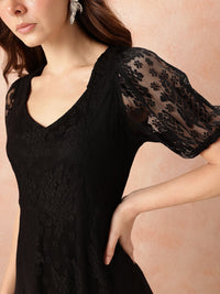 all about you V-Neck Puff Sleeves Lace A-Line Dress