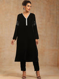 trueBrowns V-Neck Thread Work Velvet A-line Kurta