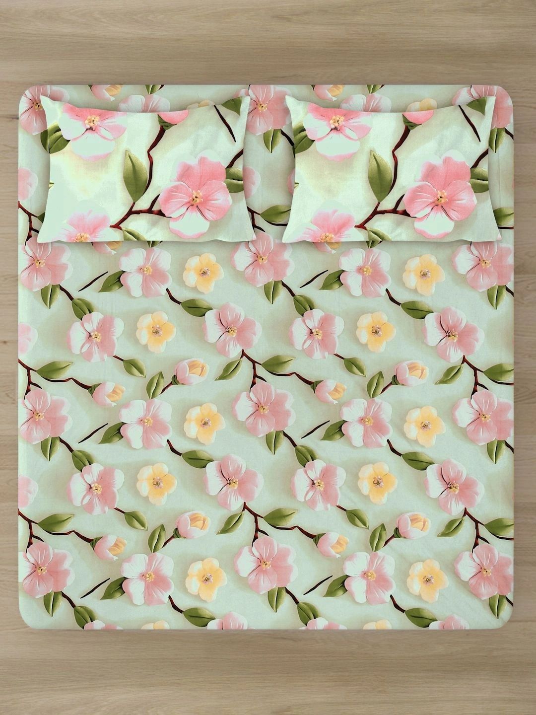 Myntra Elegant Homes Green Floral 400 TC King Bedsheet with 2 Pillow Covers