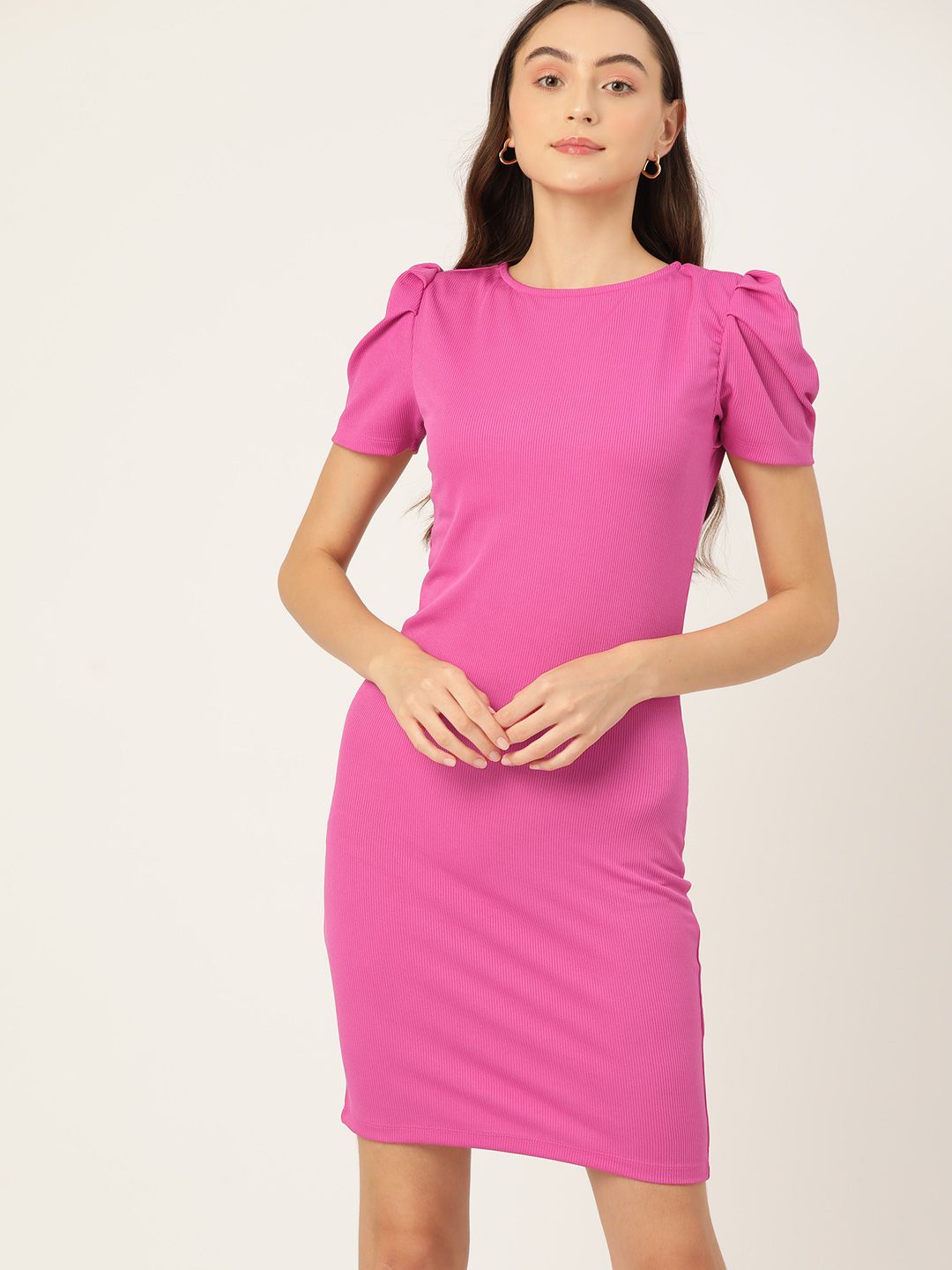 DressBerry Ribbed Detail Puff Sleeves Bodycon Mini Dress