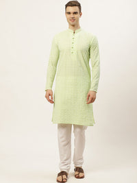 Jompers Men Green & White Ethnic Motifs Embroidered Thread Work Kurta