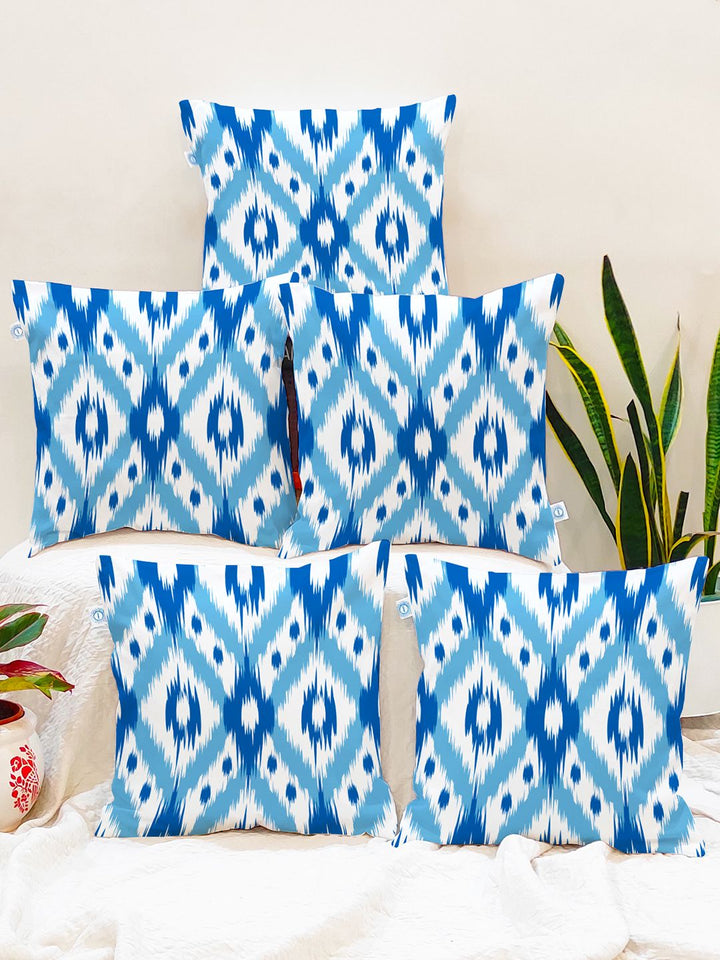 STITCHNEST Pack Of 5 Blue & White Geometric Printed Square Cushion Cover
