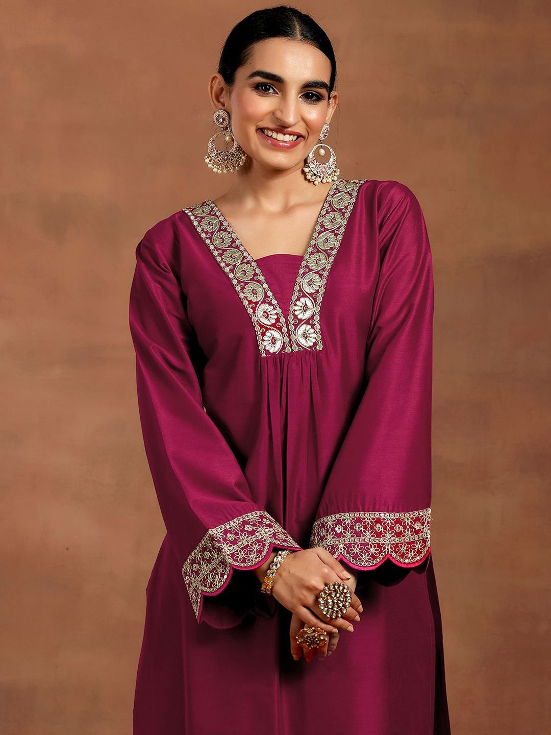 Gerua By Libas Women Floral Yoke Design Pleated Kurta with Trousers