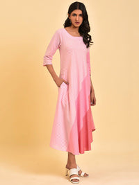 W Pink & Peach Coloured Colourblocked A Line Pure Cotton Midi Dress