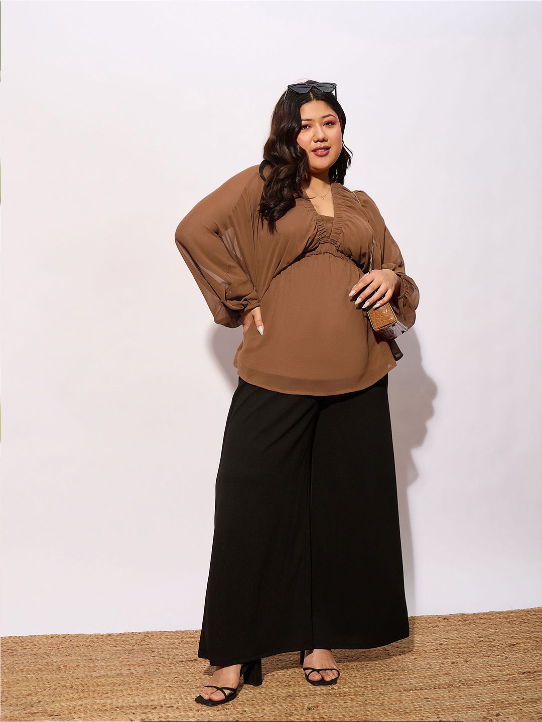 SASSAFRAS Curve Plus Size V-neck Batwing Sleeves Georgette Peplum Top