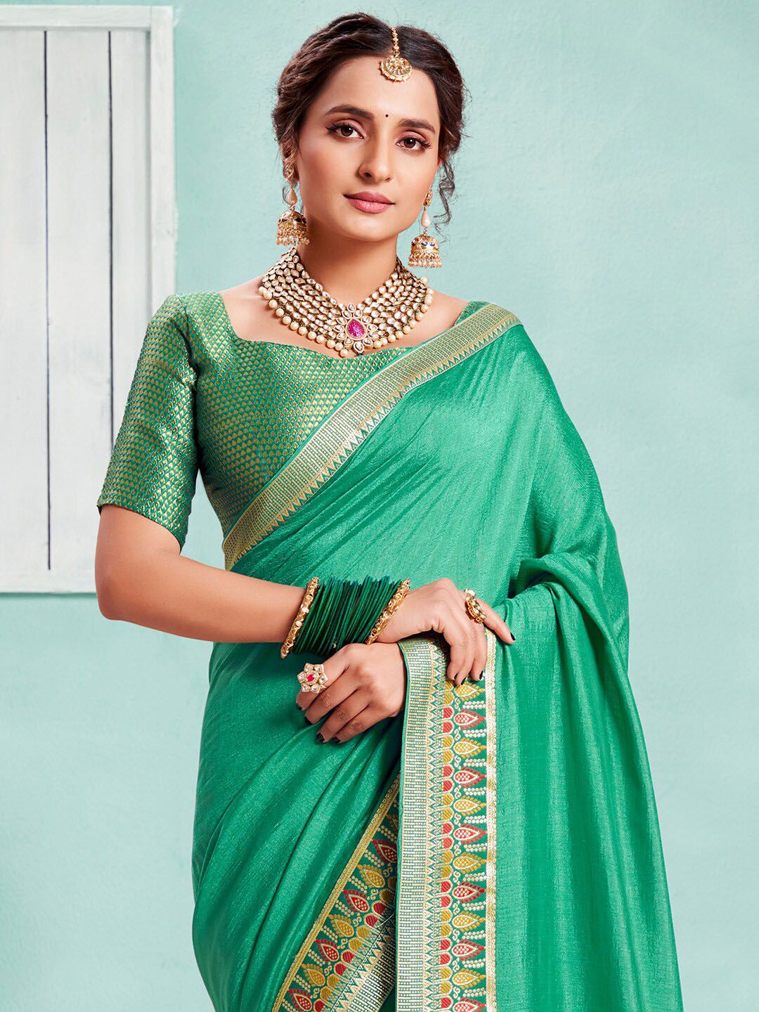 Saree mall Sea Green & Red Woven Design Zari Sarees