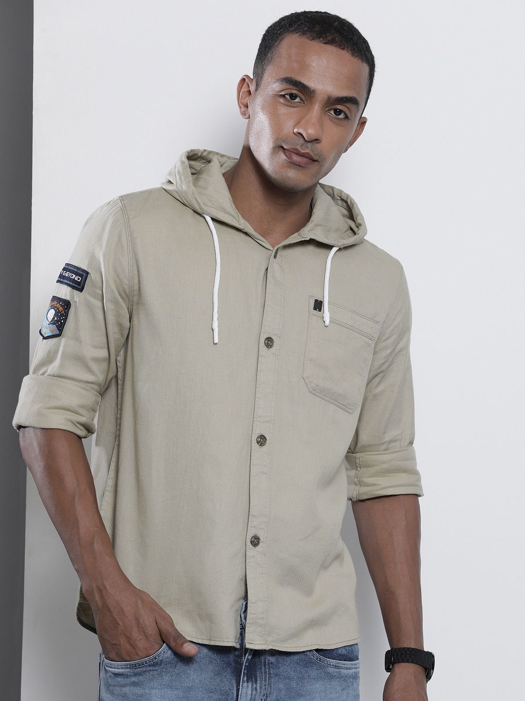 The Indian Garage Co Men Khaki Solid Hooded Slim Fit Casual Shirt