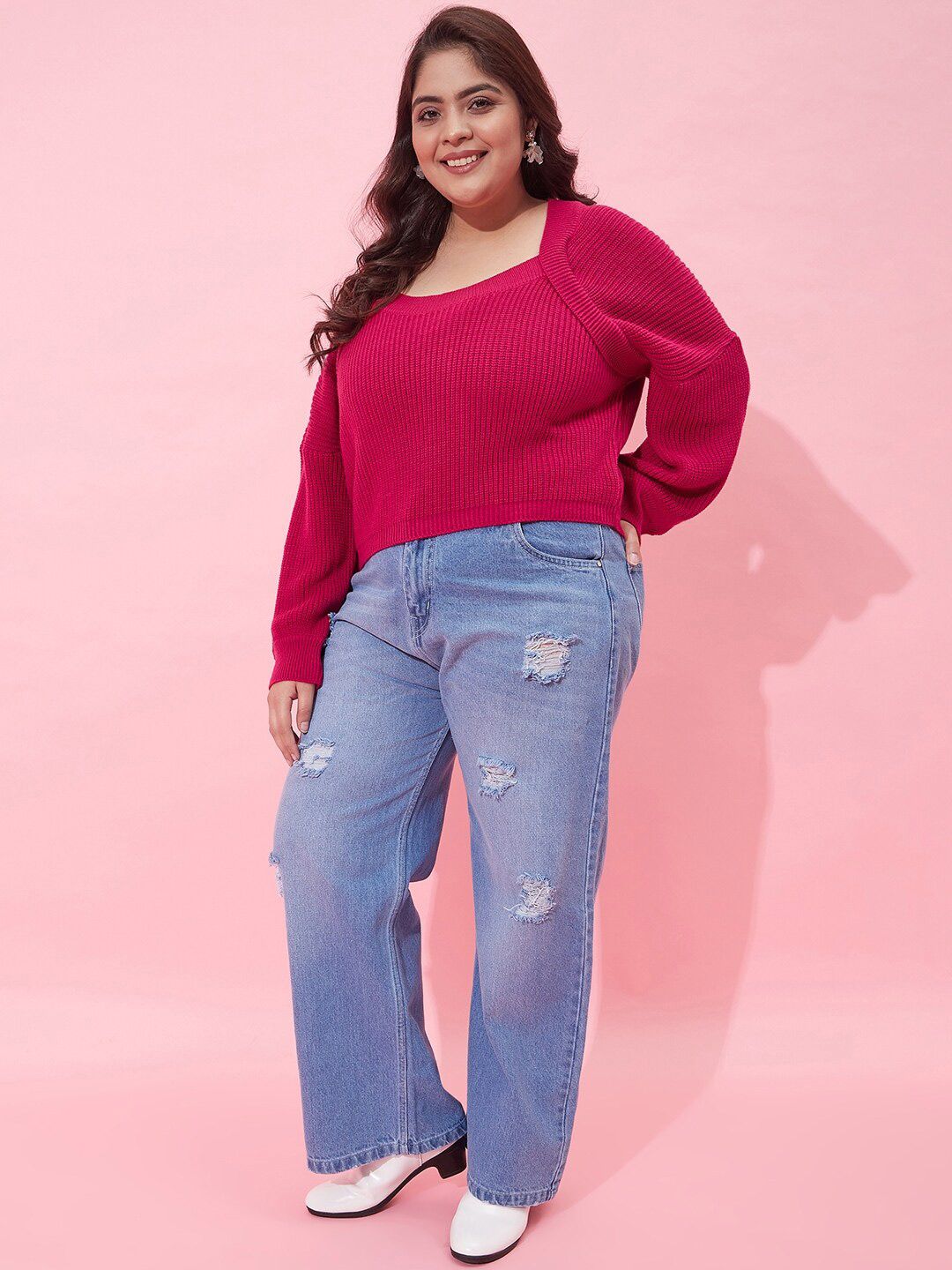 CURVY STREET Women Plus Size Ribbed Acrylic Crop Pullover