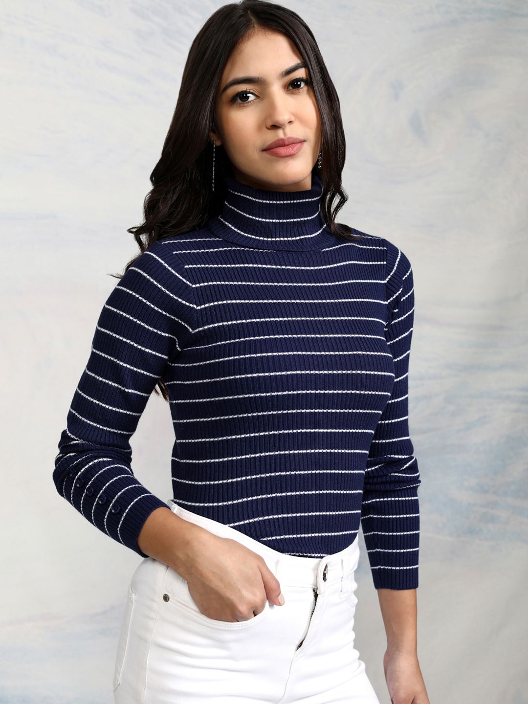 Tokyo Talkies Women Navy Blue & White Striped Acrylic Pullover