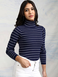 Tokyo Talkies Women Navy Blue & White Striped Acrylic Pullover