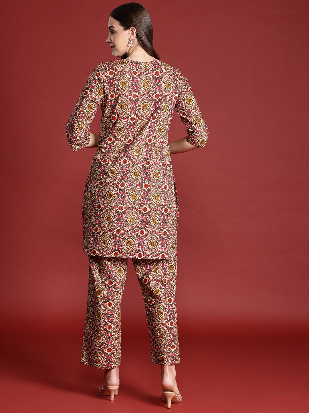Anouk Floral Print Pure Cotton High-Low Kurta with Trousers