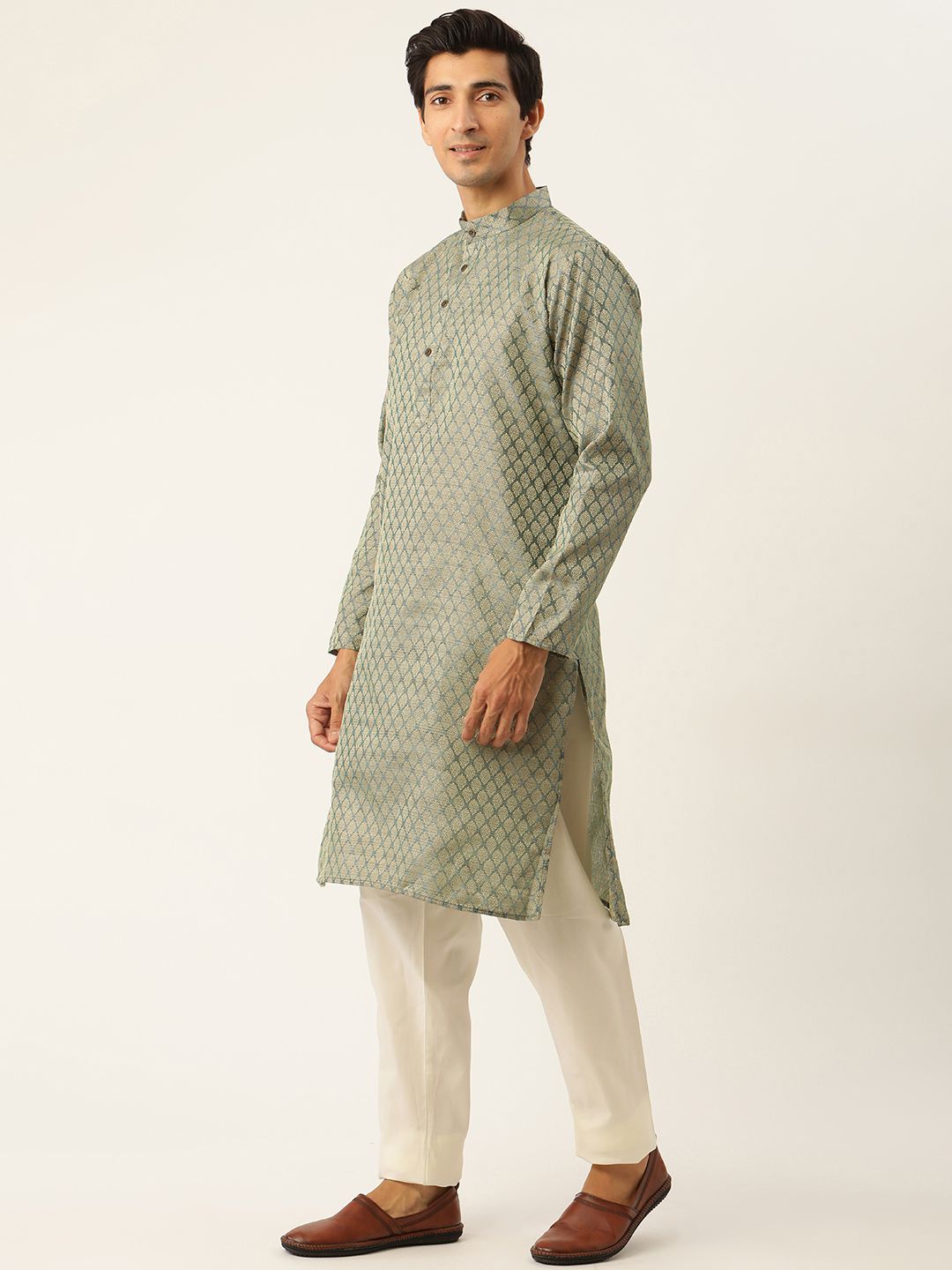 SOJANYA Set Kurta Lelaki Motif Etnik Hijau Dengan Jaket Nehru