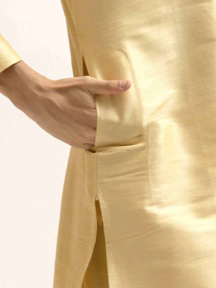 SOJANYA Men Golden Kurta with Churidar & Nehru Jacket
