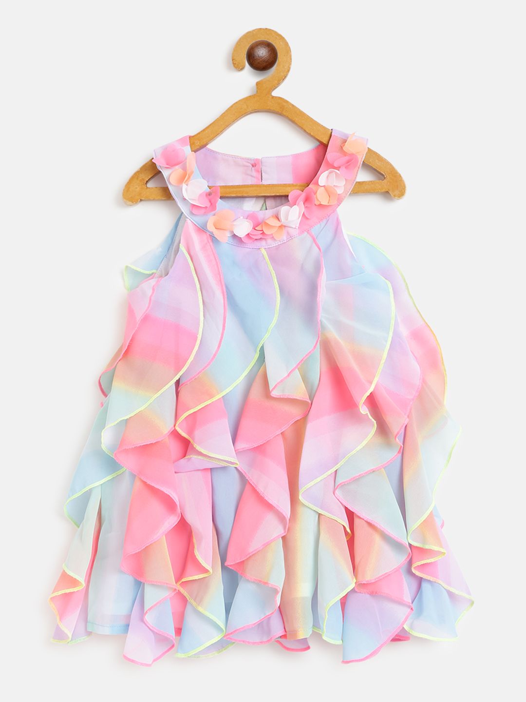 Nauti Nati Girls Pink & Blue Dyed Ruffled A-Line Dress