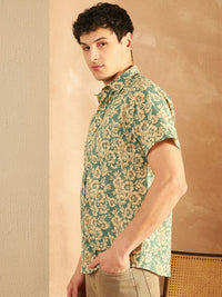 DENNISON Smart Floral Printed Spread Collar Cotton Oversized Lightweight Casual Shirt