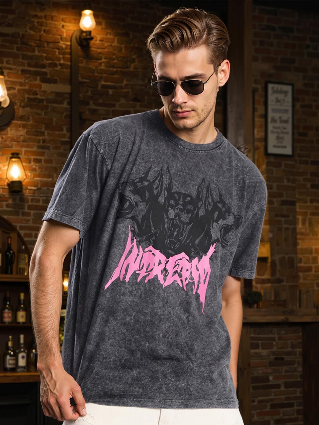 Bene Kleed Men Graphic Printed Acid Wash Cotton Oversized T-shirt