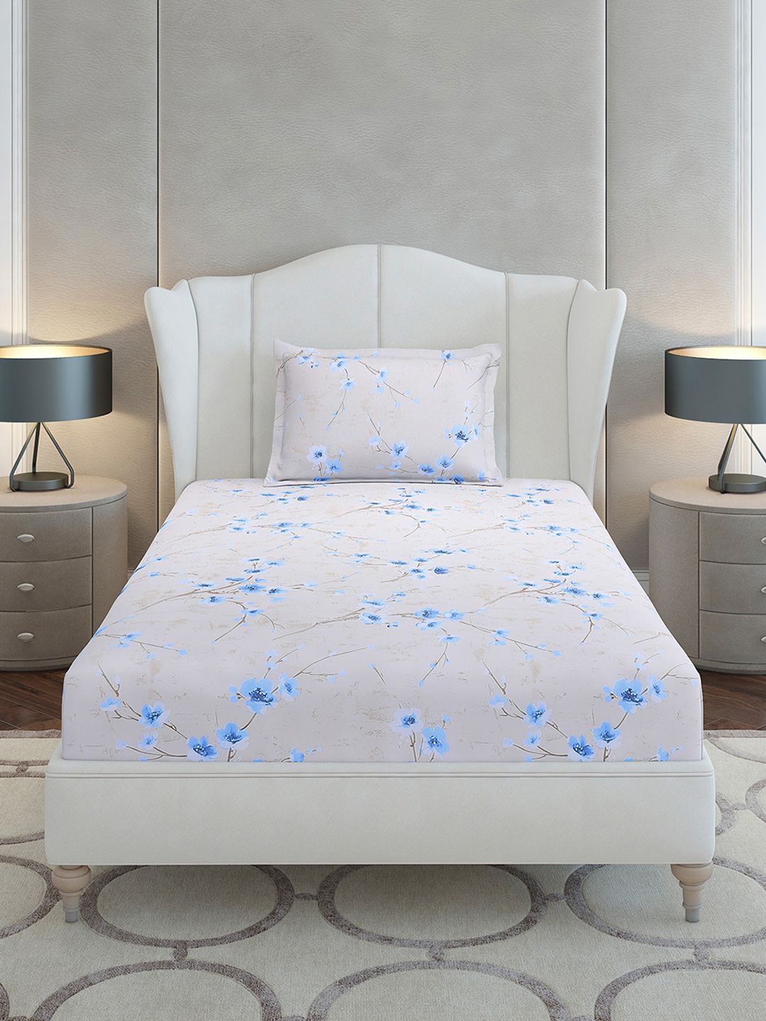 Monte Carlo Blue Floral Cotton 104 TC Single Bedsheet with 1 Pillow Covers- 2.24mx1.52m