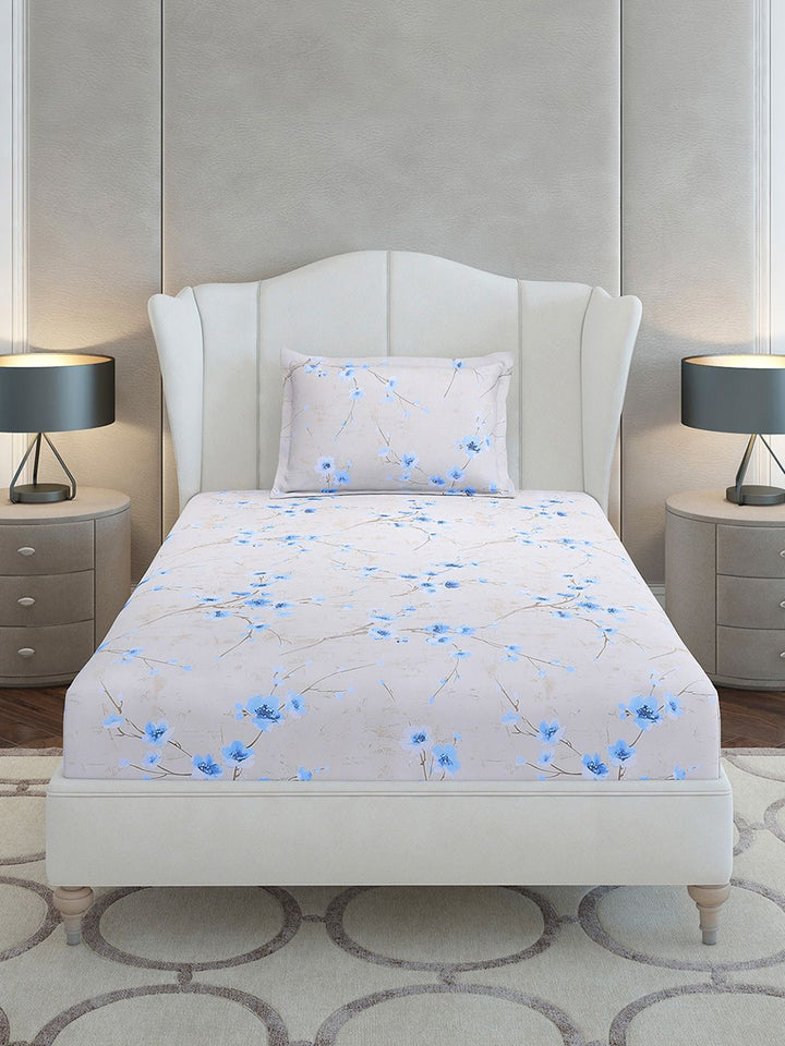 Monte Carlo Blue Floral Cotton 104 TC Single Bedsheet with 1 Pillow Covers- 2.24mx1.52m