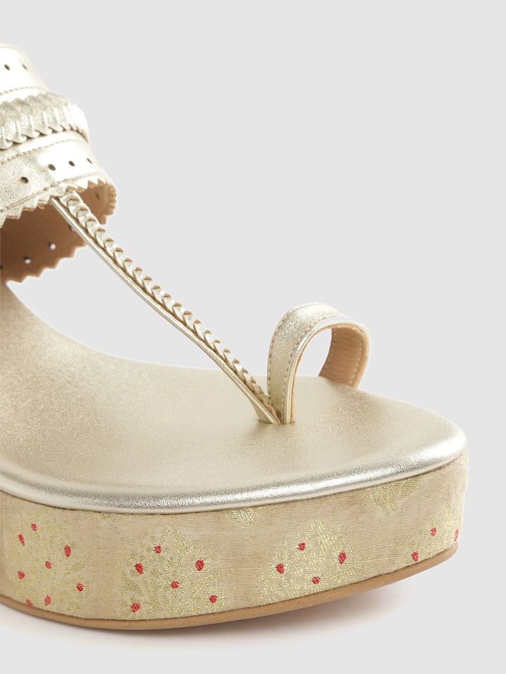 House of Pataudi Women Gold-Toned Braided Detail Handcrafted One-Toe Block Heels