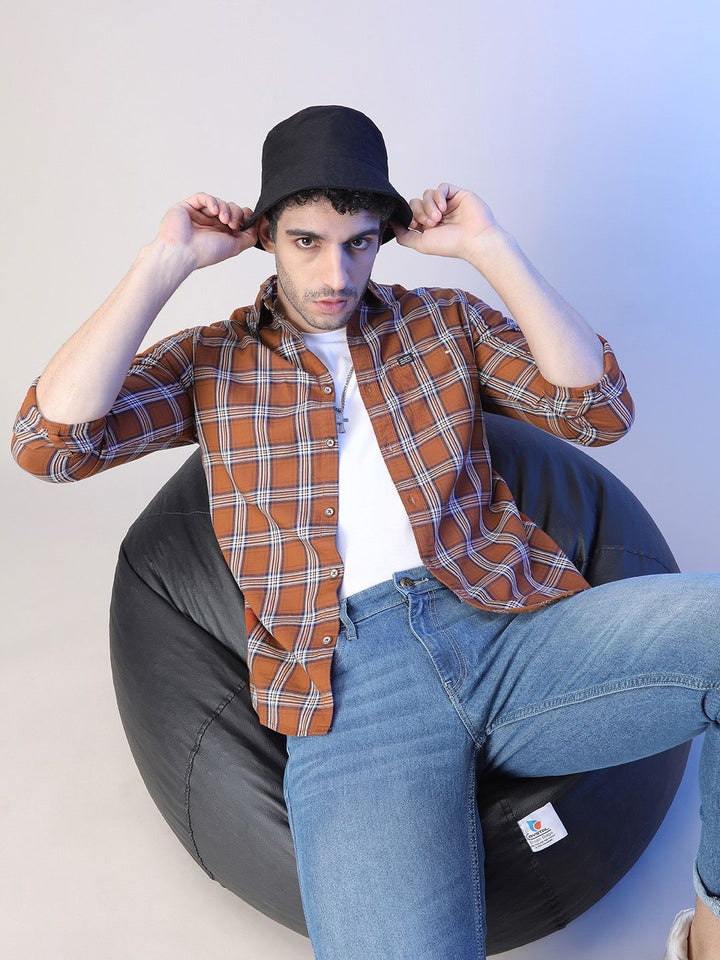 The Indian Garage Co Men Rust Orange & White Slim Fit Checked Casual Shirt