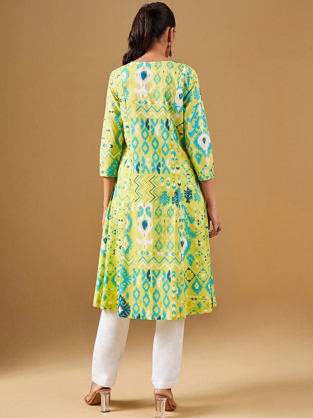 Global Desi Ethnic Motifs Printed V-Neck Cotton A-Line Kurta