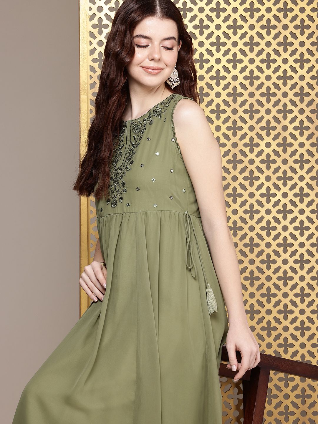 House of Pataudi Floral Embroidered A-Line Midi Jashn Dress