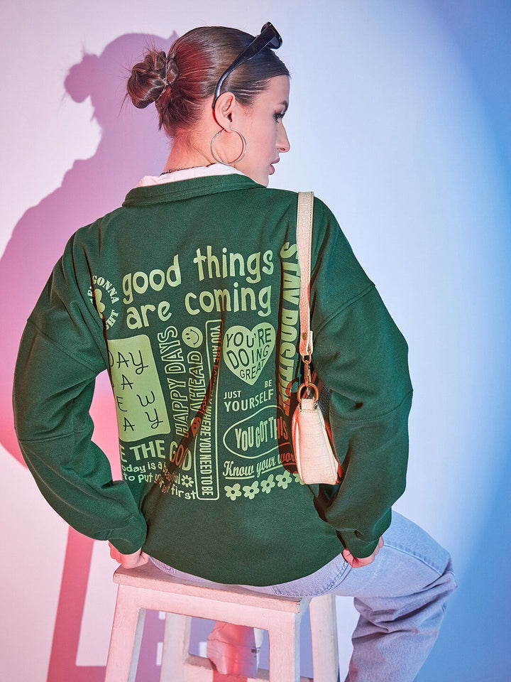 STREET 9 Green Typography Printed Mock Collar Pullover Fleece Sweatshirt