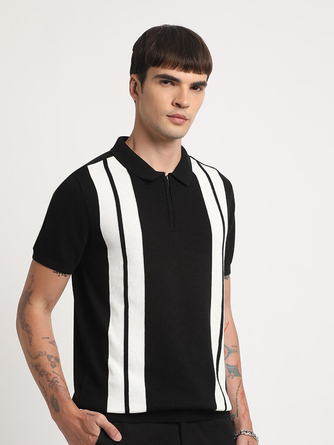 THE BEAR HOUSE Vertical Striped Regular Fit Polo Collar Cotton T-shirt