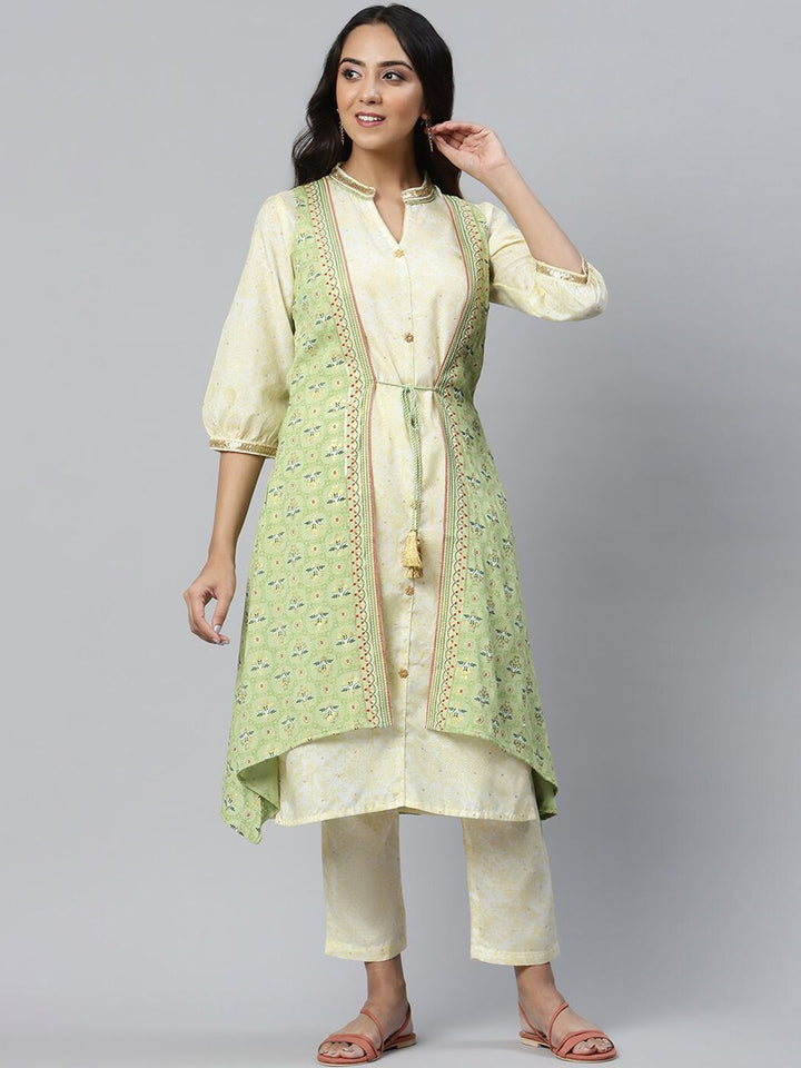 AURELIA Women Green Ethnic Motifs Embroidered Layered Kurta with Trousers