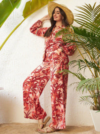 SASSAFRAS Rust Floral Printed Blouse & Palazzo Co-Ord Set