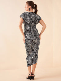 Antheaa Black Ethnic Motifs Printed V-Neck Sheath Midi Dress