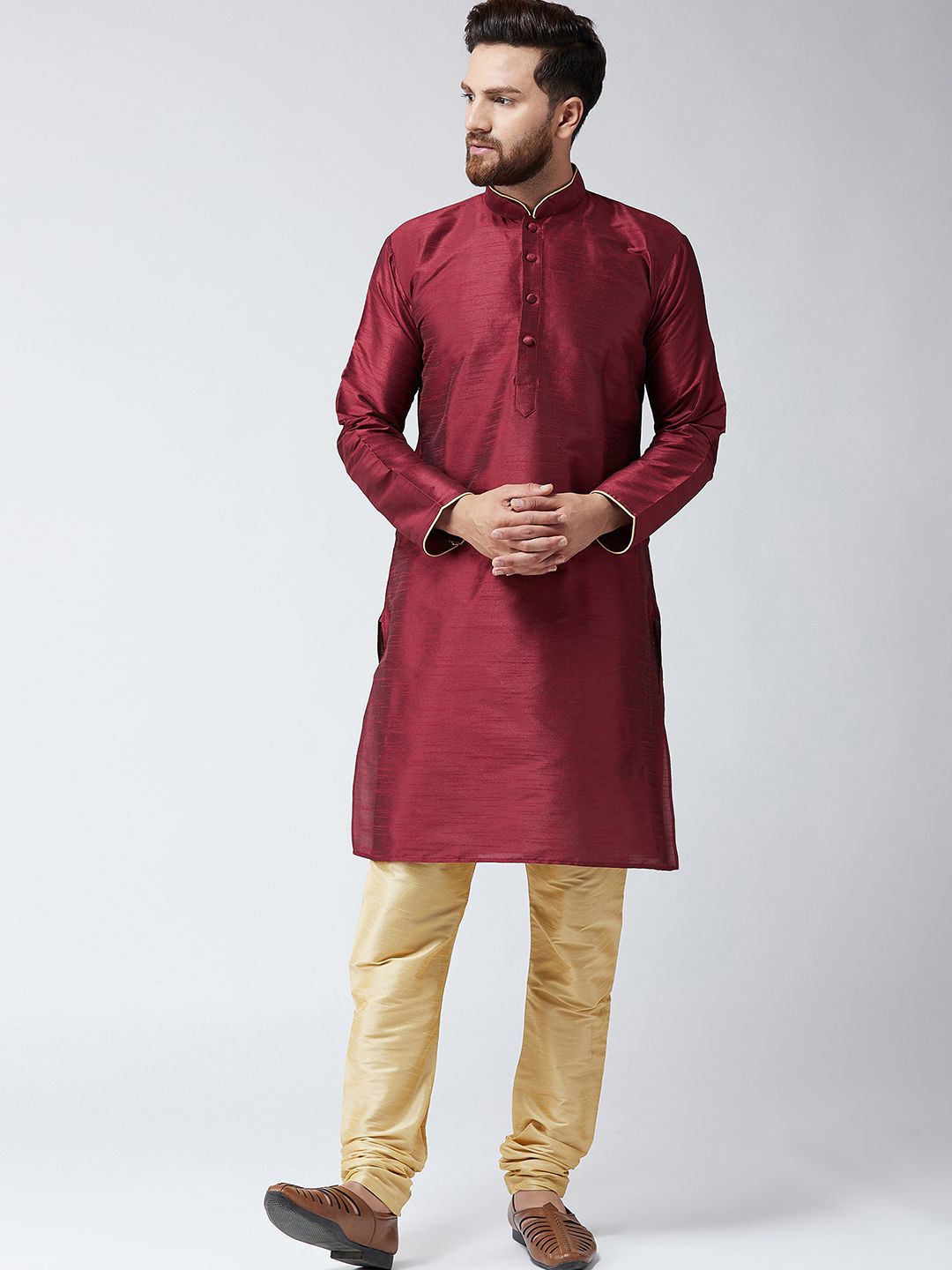SOJANYA Men Maroon Solid Straight Kurta