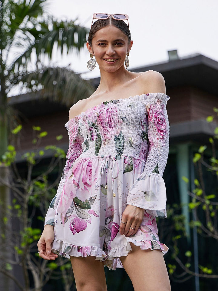 SASSAFRAS Floral Printed Off-Shoulder Smocked Playsuit