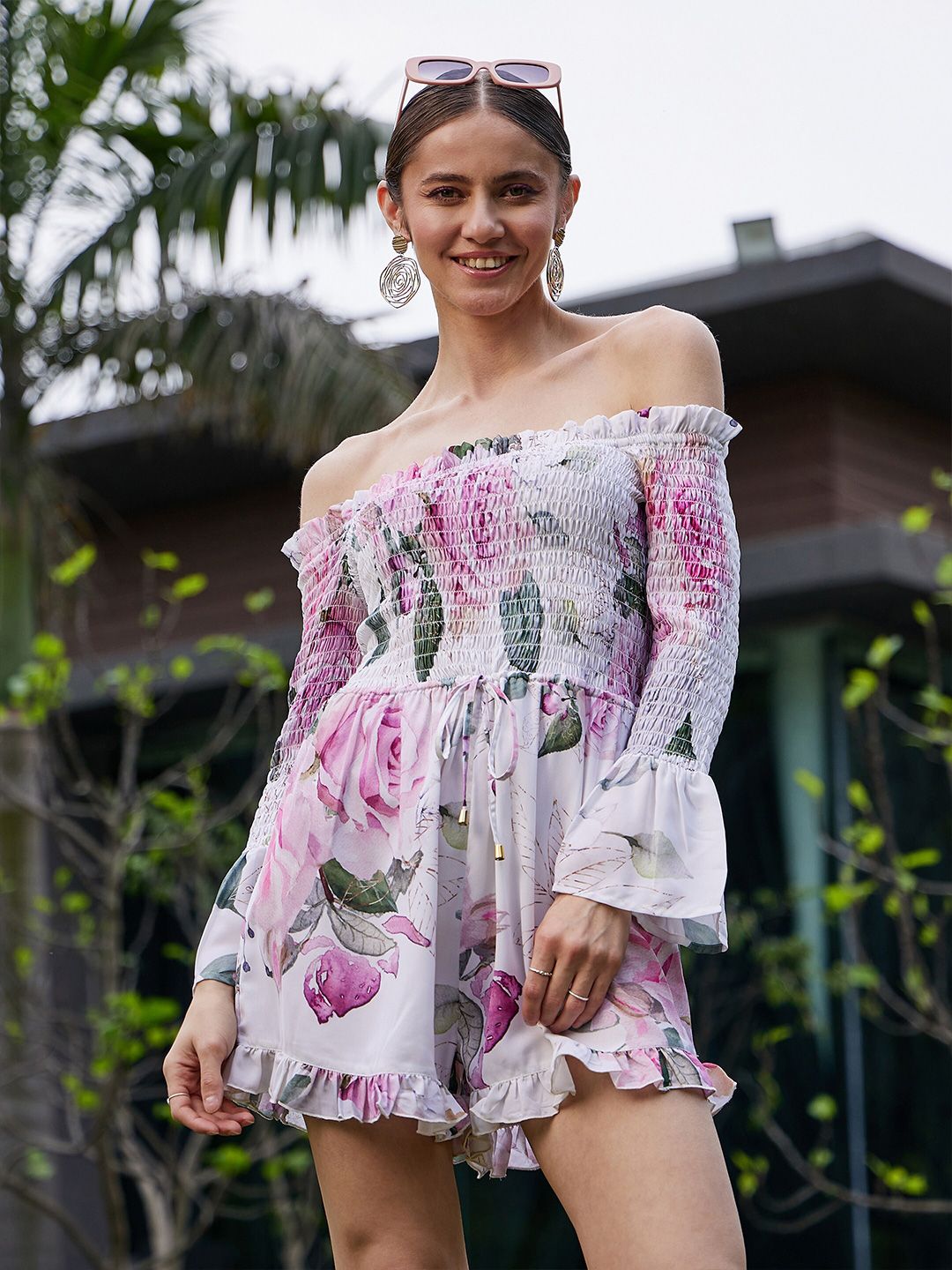 SASSAFRAS Floral Printed Off-Shoulder Smocked Playsuit