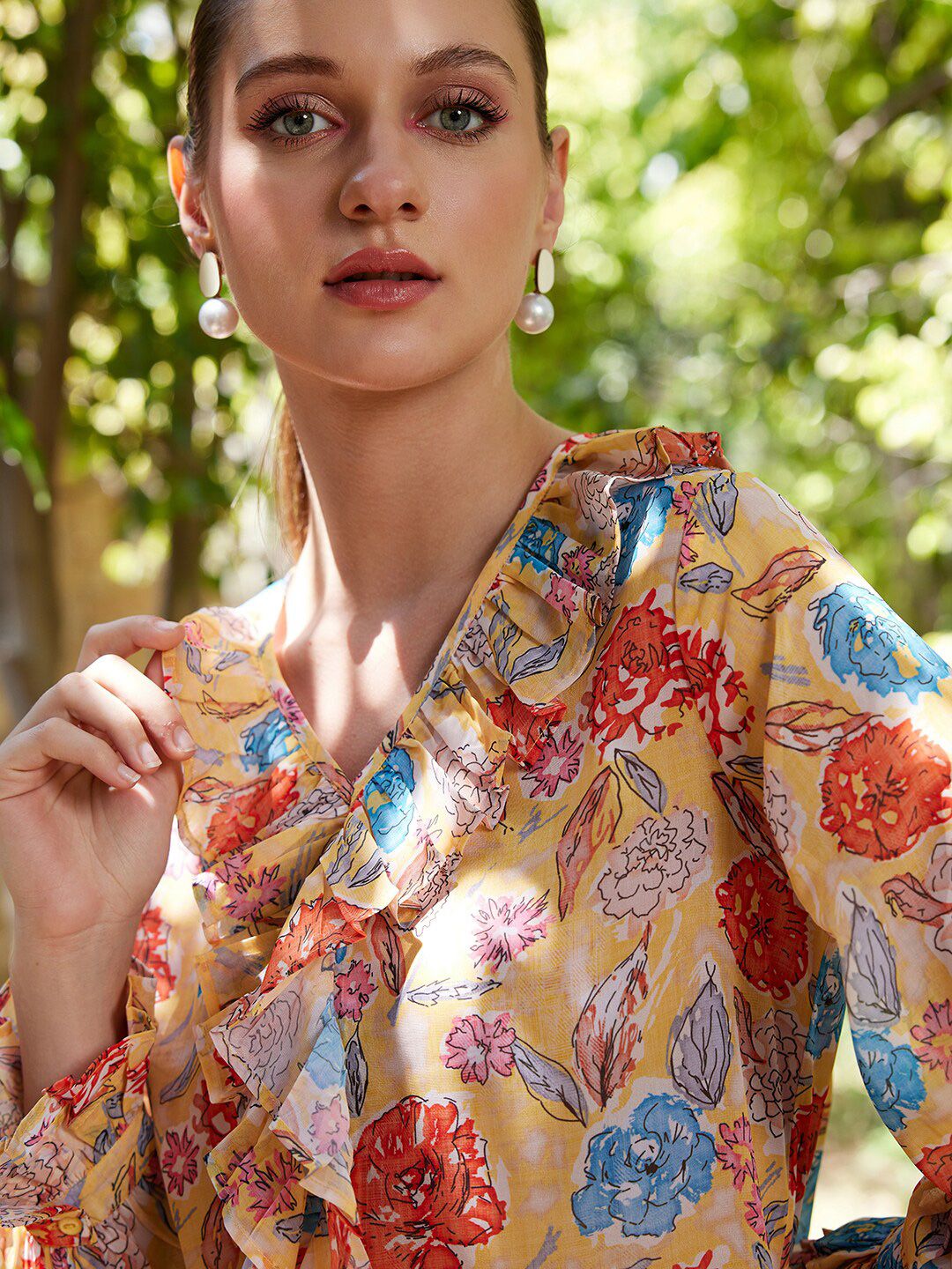STREET 9 Yellow Floral Printed Bell Sleeve Ruffles Top