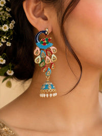 PANASH Gold- Plated Artificial Stones Studded And Beaded Peacock Shaped Drop Earrings