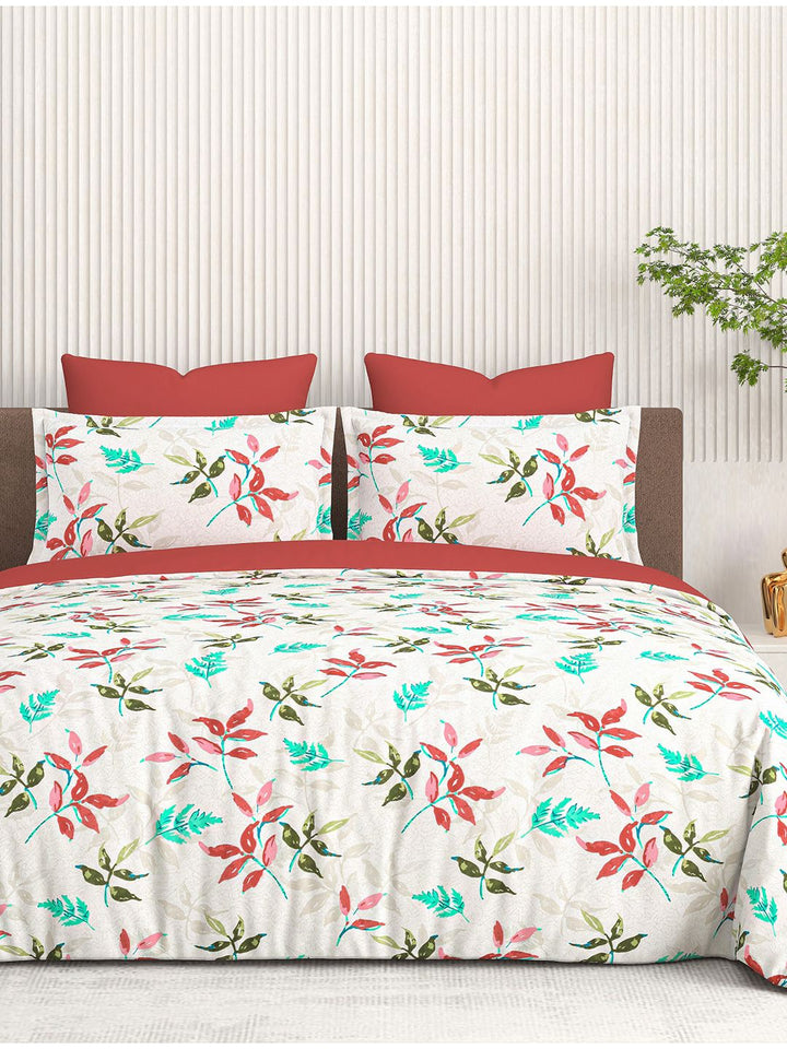 Cortina Glazed Cotton Red & White Floral 140 TC King Bedsheet with 2 Pillow Covers