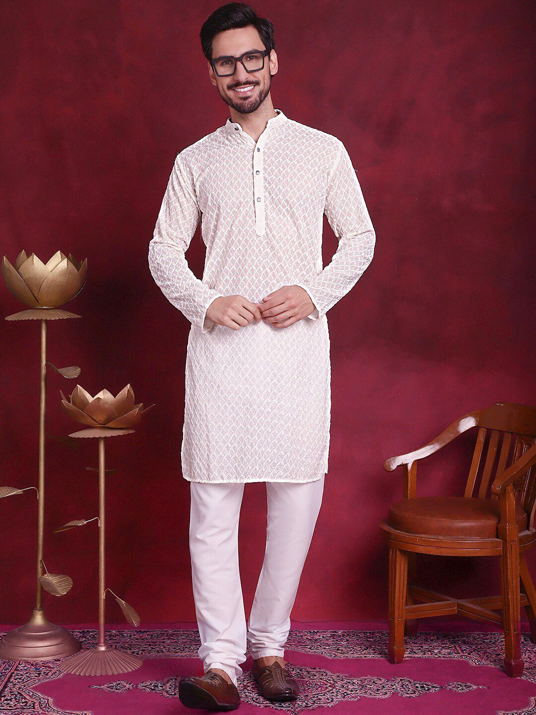 Jompers Ethnic Motifs Embroidered Band Collar Chikankari Cotton Straight Kurta