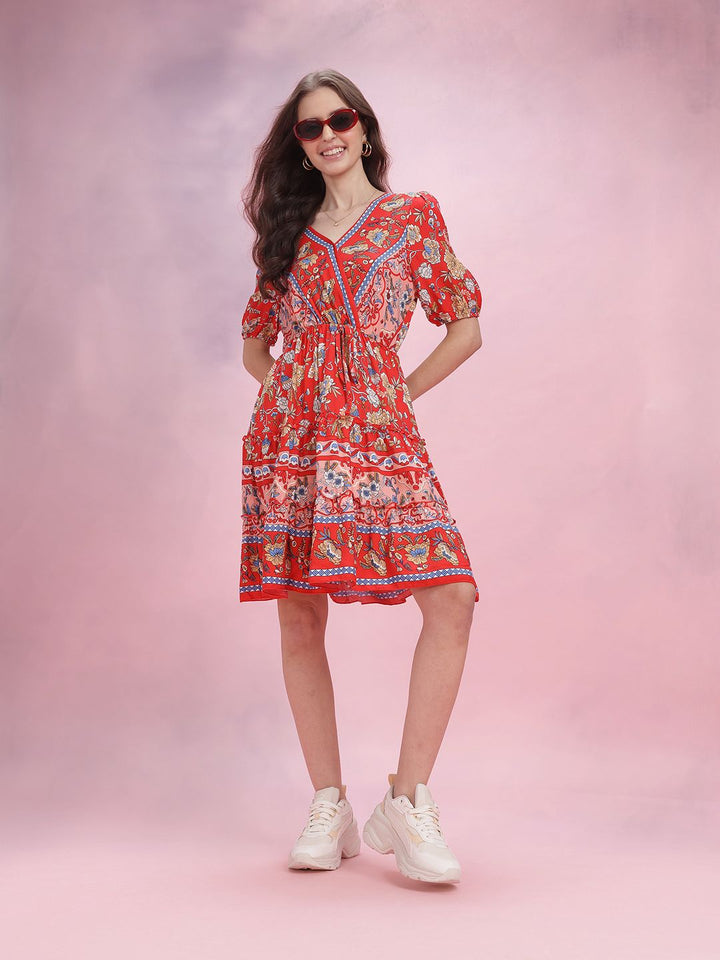 DressBerry Floral Print Puff Sleeve Fit & Flare Dress