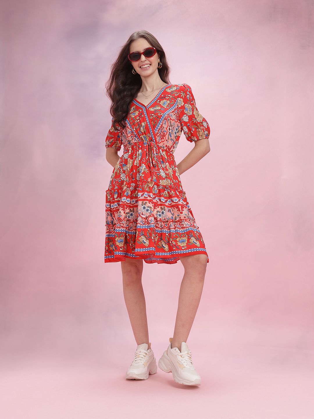 DressBerry Floral Print Puff Sleeve Fit & Flare Dress