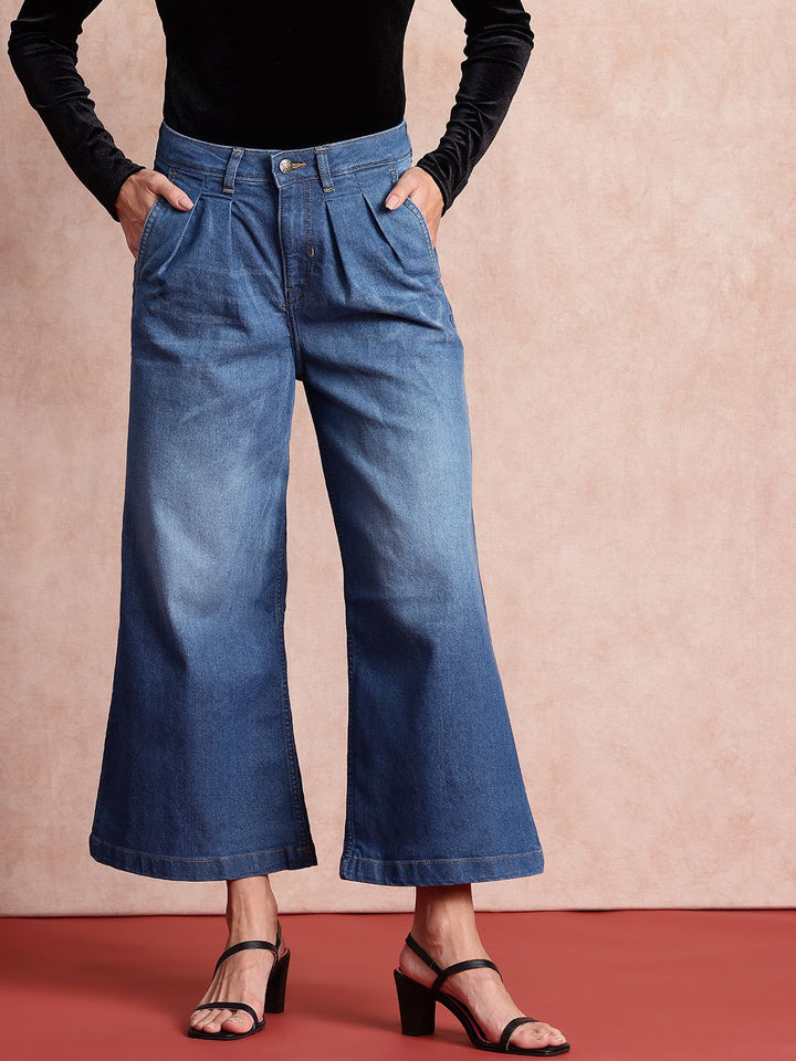 all about you Women Wide Leg Light Fade Stretchable Pleated Cropped Jeans