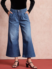 all about you Women Wide Leg Light Fade Stretchable Pleated Cropped Jeans