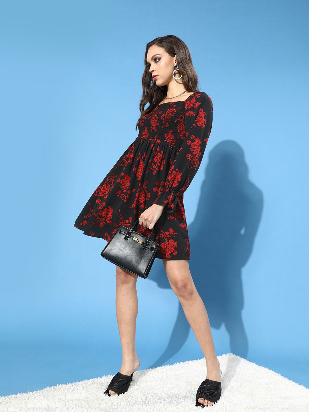 Berrylush Black & Red Floral Crepe A-Line Midi Dress
