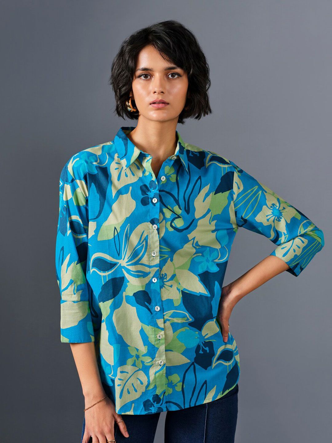 AND Floral Printed Shirt Collar Cuffed Sleeves Pure Cotton Shirt Style Top