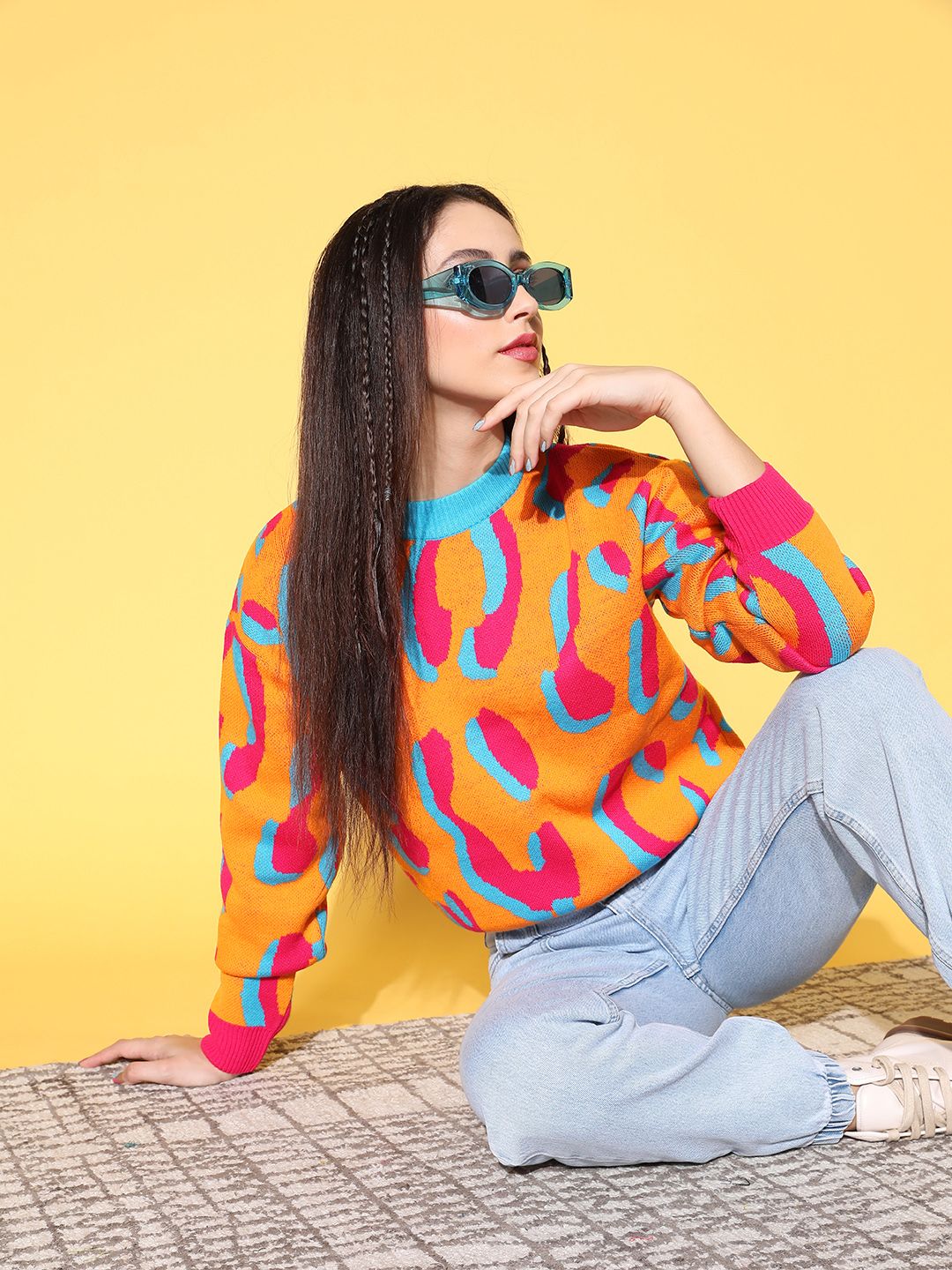 Berrylush Women Charming Yellow Abstract Knits Bits Sweater