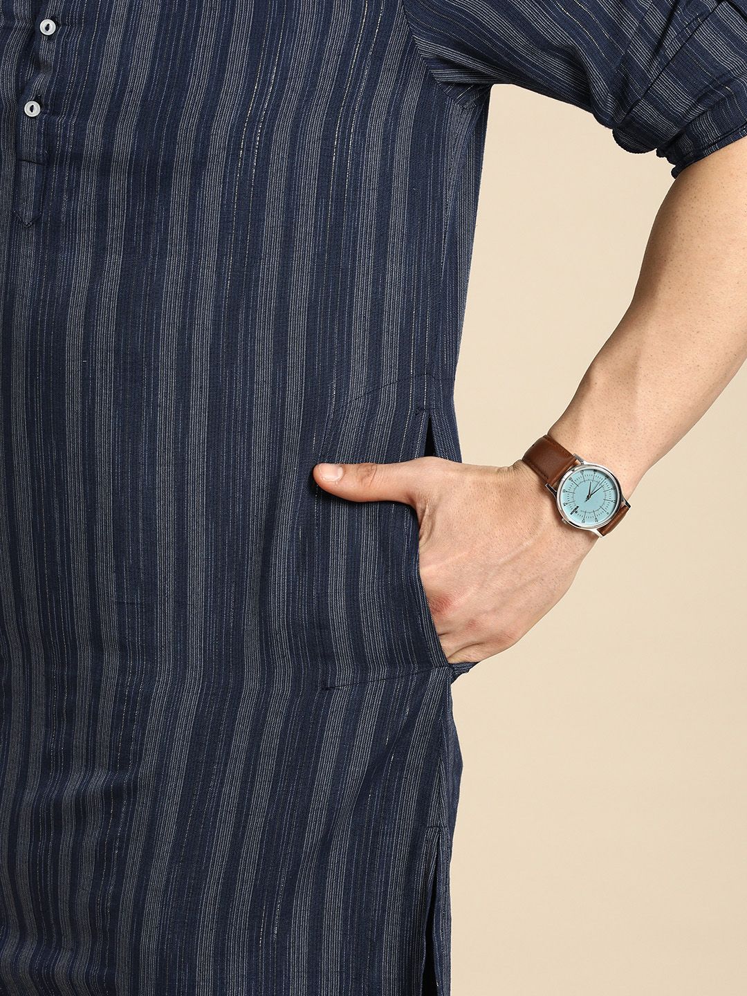 Anouk Men Navy Blue & Gold-Toned Striped Mandarin-Collar Indigo Kurta