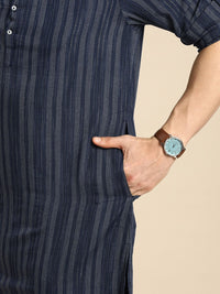 Anouk Men Navy Blue & Gold-Toned Striped Mandarin-Collar Indigo Kurta